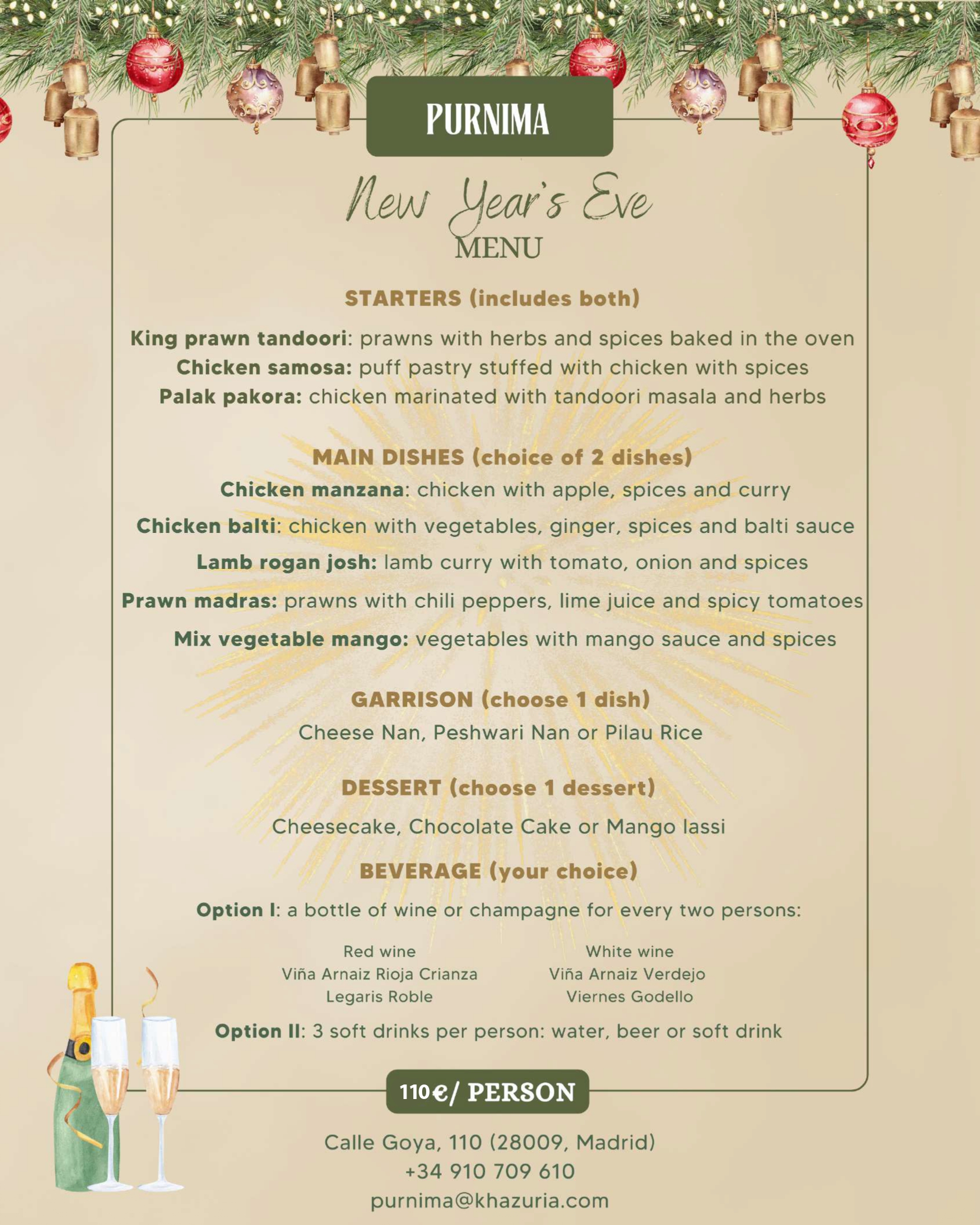 New Year's Eve Dinner Madrid 2026 - 2027 Purnima Indian Cuisine